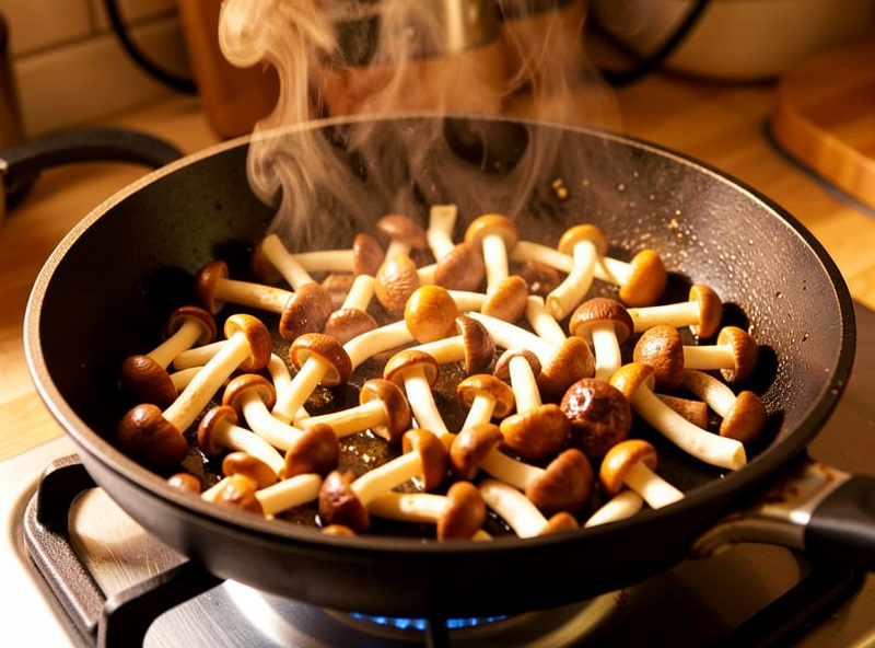 Brown and white beech shimeji mushrooms being sauteed golden in a hot pan with steam rising
