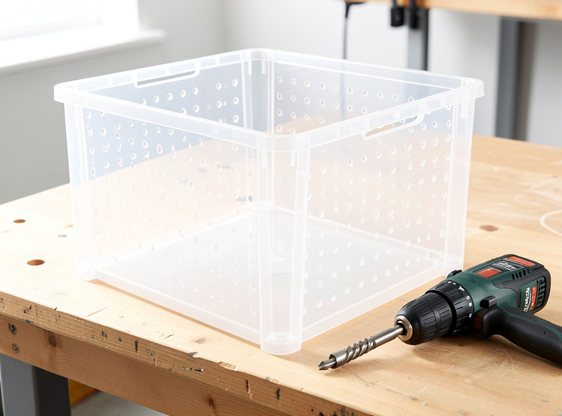 Clear plastic tote drilled with an even grid of small holes beside a drill and step bit
