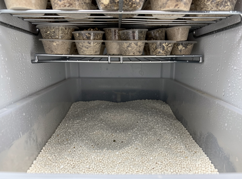 Inside a shotgun fruiting chamber showing a deep wet perlite bed under a rack of substrate tubs