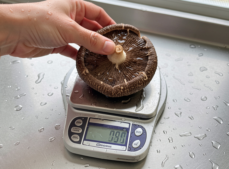 Weighing a rehydrated shiitake block on a digital kitchen scale after soaking