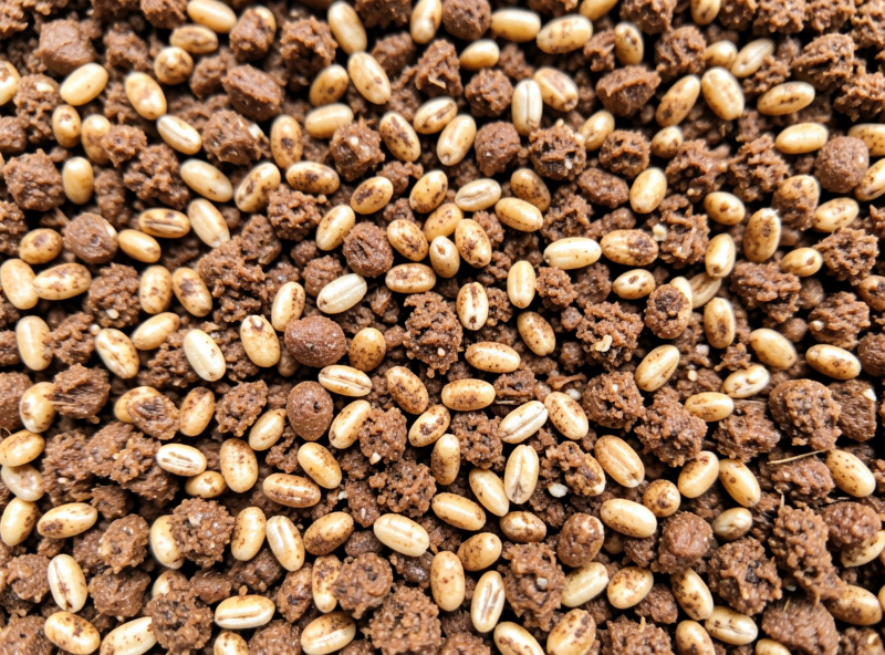 Colonized grain spawn being broken up and mixed into pasteurized bulk substrate at a 1:2 ratio