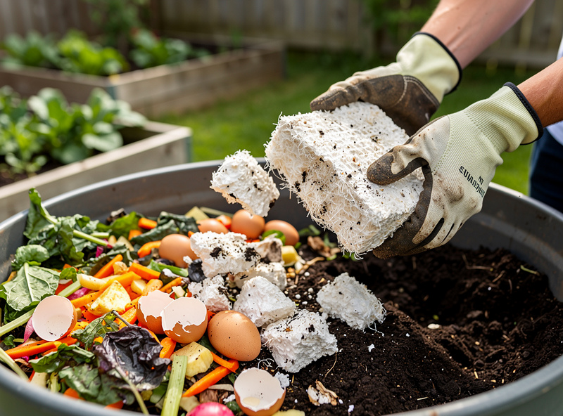 A crumbled spent mushroom block being added to a backyard compost bin among garden scraps