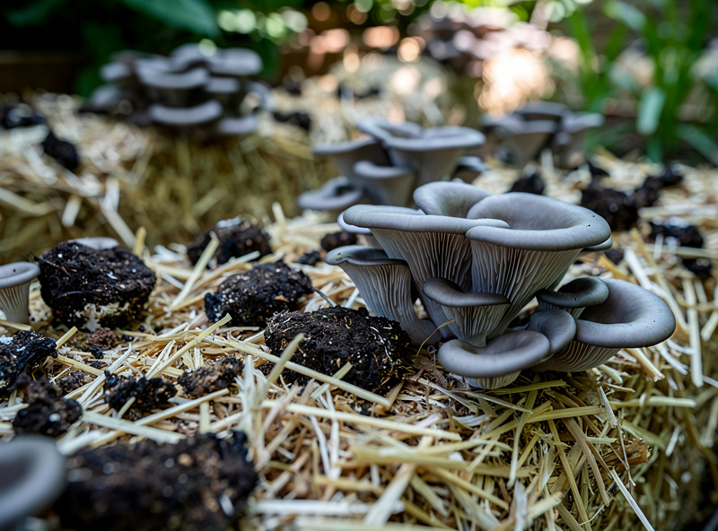Crumbled spent oyster substrate spread over a shaded outdoor straw bed throwing a bonus flush of oyster mushrooms