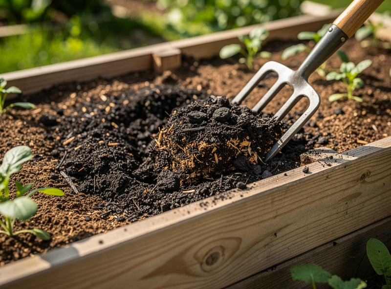 Dark crumbled spent mushroom substrate dug into a raised vegetable garden bed as a soil amendment