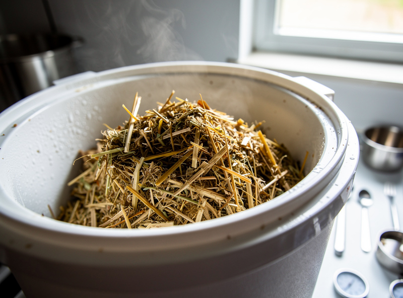 Chopped wheat straw being packed into a large insulated cooler for hot-water pasteurization, steam rising, cultivation bench