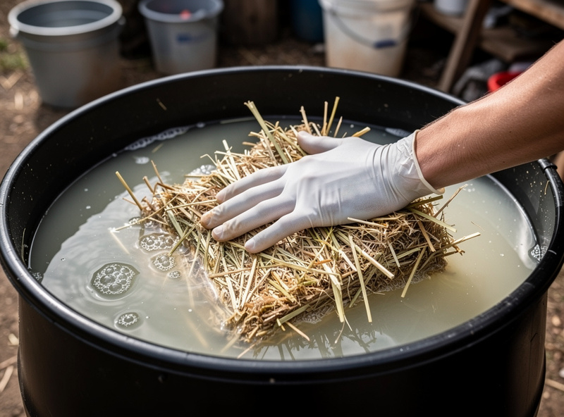 Chopped straw submerged in a barrel of lime water for cold pasteurization, weighted under the surface