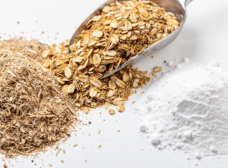 Hardwood sawdust, a scoop of wheat bran, and a measure of white gypsum laid out in separate piles for a supplemented sawdust mushroom substrate recipe