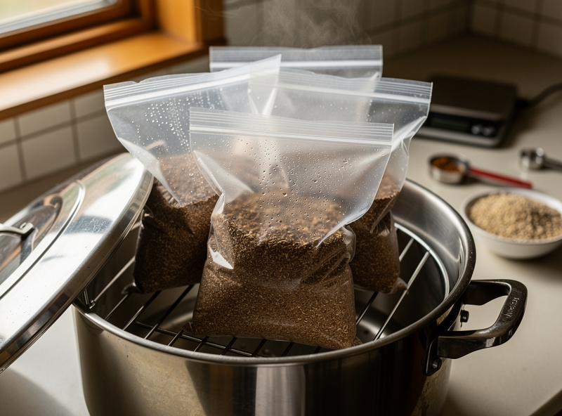 Hydrated supplemented sawdust packed into filter-patch grow bags loaded into a stovetop pressure canner for sterilization