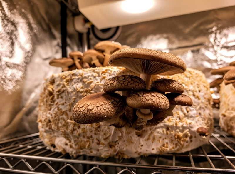 A fully colonized white supplemented sawdust fruiting block producing a flush of shiitake mushrooms