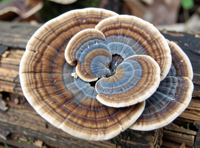 Turkey tail mushrooms with concentric brown, tan, and blue-grey color bands growing on wood