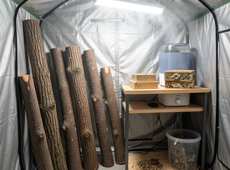 Home grow tent with inoculated hardwood logs and fruiting blocks in humid misted air