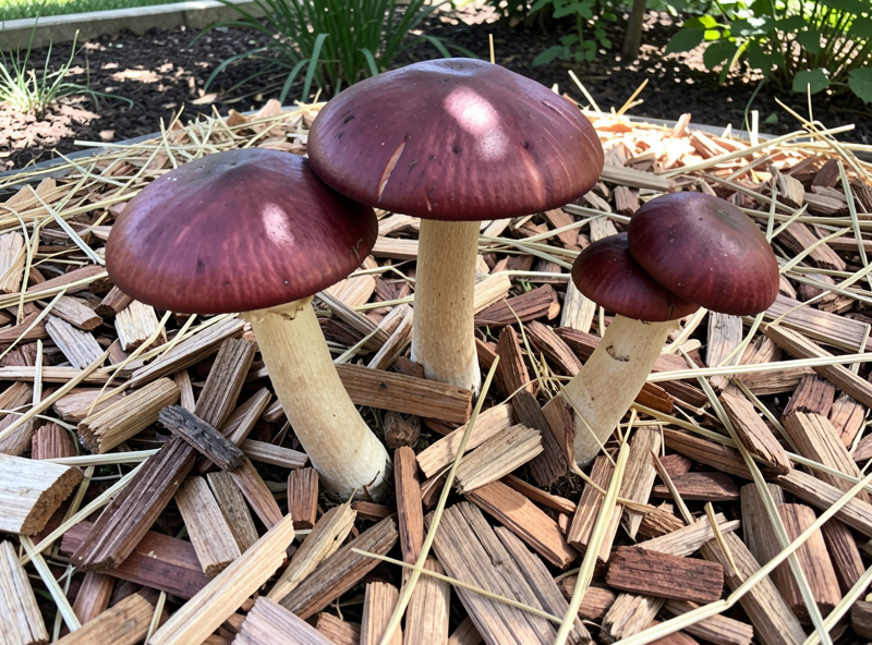 Large burgundy wine cap mushrooms growing in a garden bed of hardwood wood chips and straw