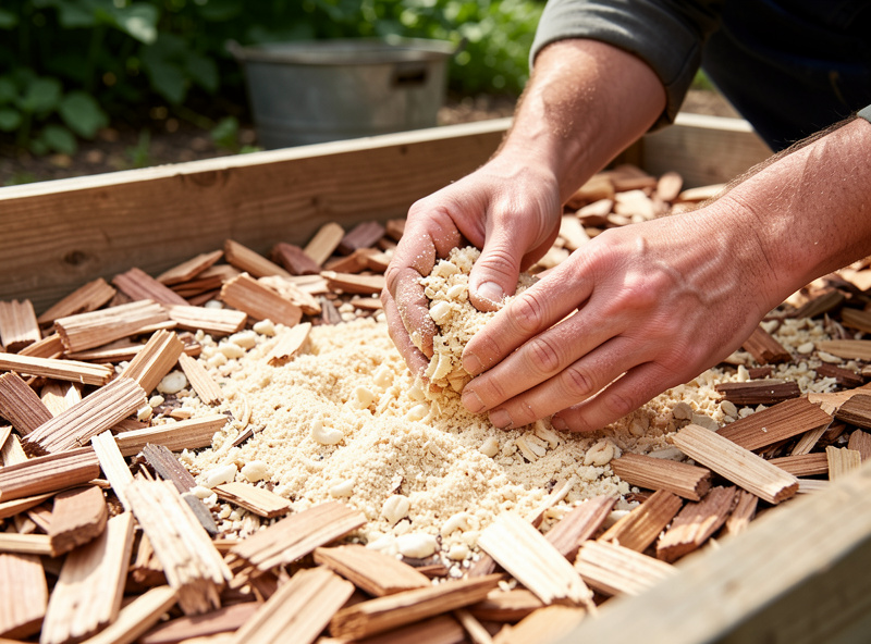 Hands spreading pale sawdust spawn over fresh hardwood wood chips while building an outdoor mushroom bed
