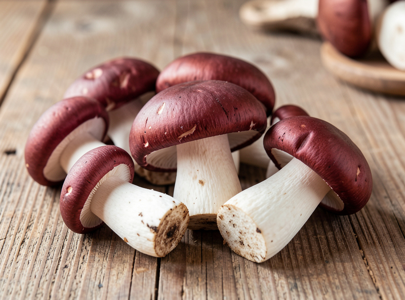 Freshly harvested wine cap mushrooms on a wooden table showing wine-red caps and thick white stems