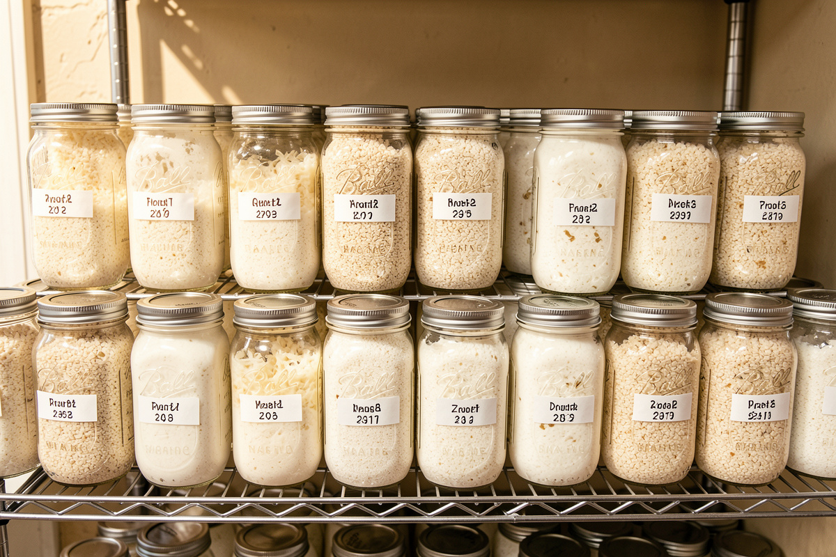 Rows of quart jars of colonizing grain spawn on a shelf at different stages with dated labels