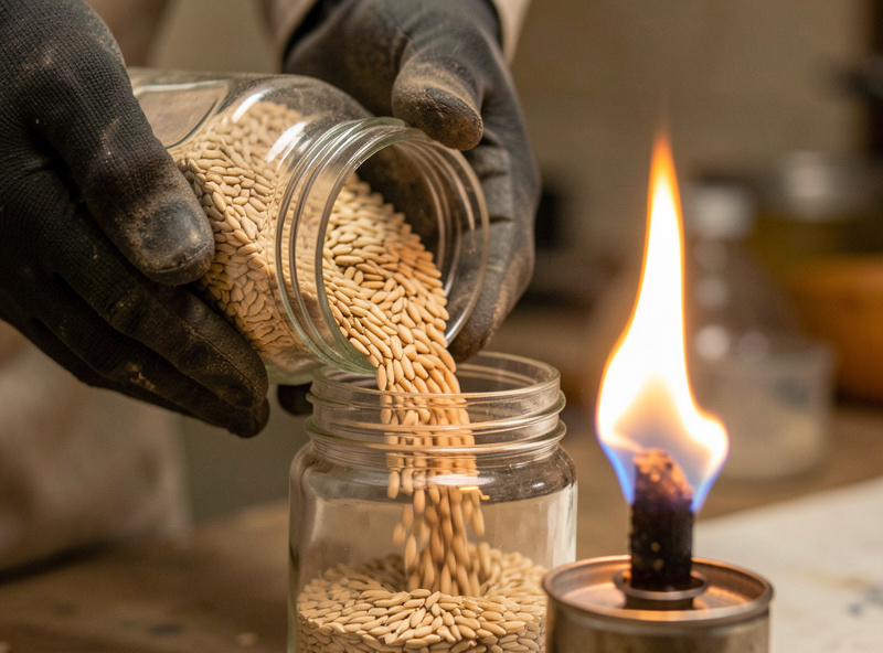 Gloved hands shaking colonized grain from one jar into a freshly sterilized jar beside an alcohol flame