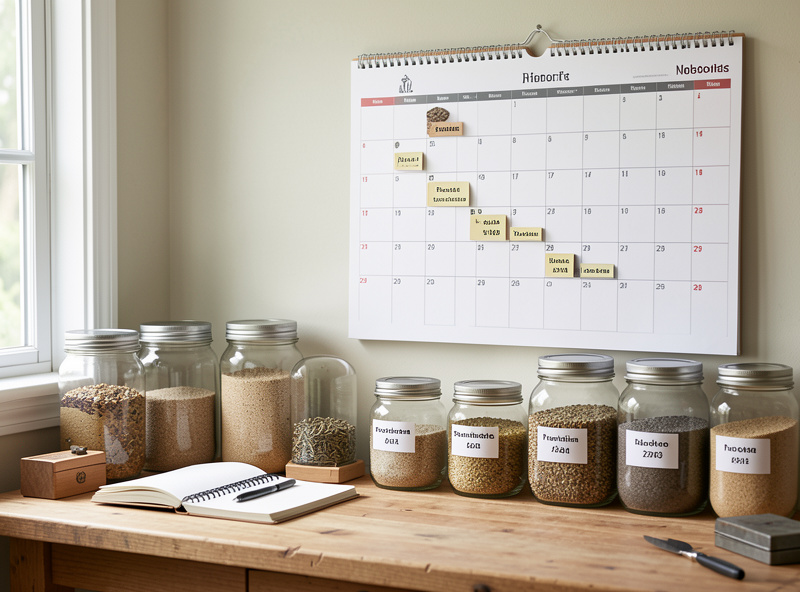 A cultivator's notebook and wall calendar beside labeled grain jars showing a staggered production schedule