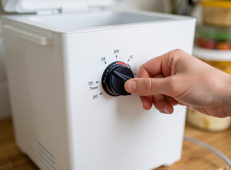 A hand adjusting the temperature dial on the front of a food dehydrator