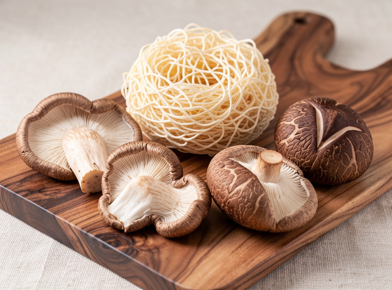 Five gourmet mushroom species compared on a walnut cutting board