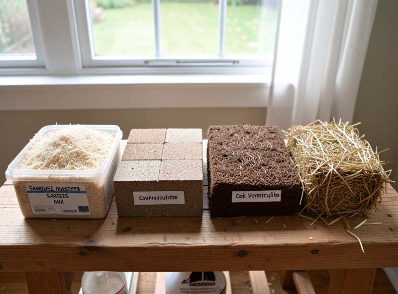 Row of substrate blocks including masters mix, coir vermiculite and straw on a bench