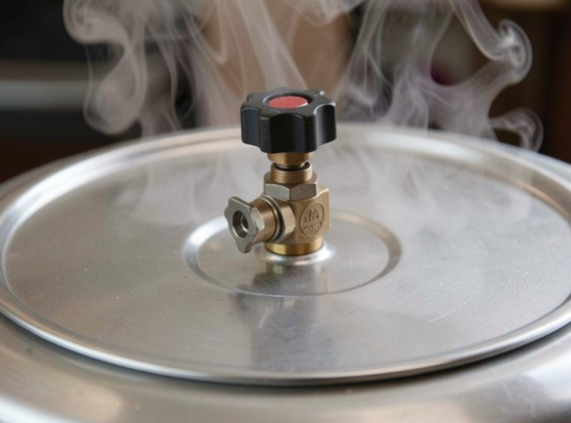 Close-up of a weighted jiggler valve on a pressure canner lid venting steam