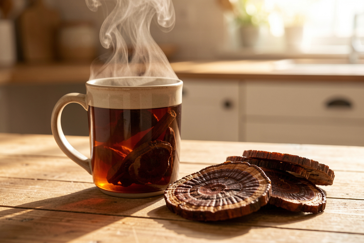 Mug of dark amber reishi tea beside sliced dried reishi conk on a wooden table with rising steam