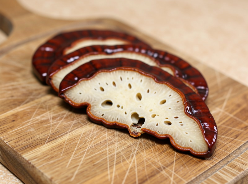 Close-up of sliced dried reishi conk pieces showing reddish-brown lacquered top and pale underside on a cutting board