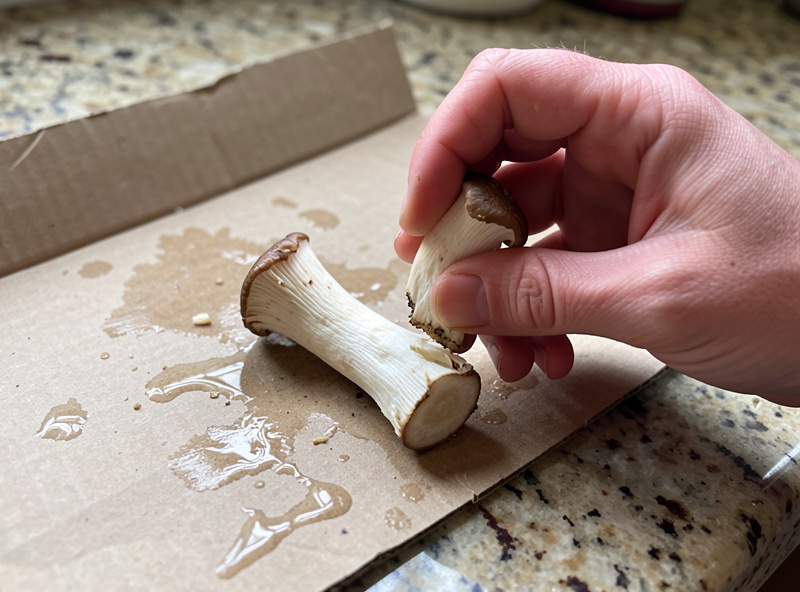 Hands tearing a fresh grocery-store oyster mushroom stem butt to use as tissue on damp cardboard