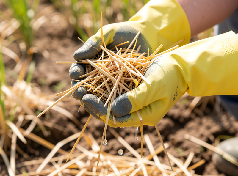 Gloved hands squeezing a handful of drained straw to test field capacity, a few drops falling
