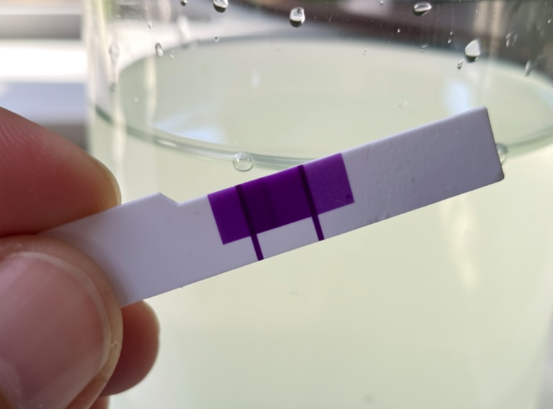 A pH test strip held against milky lime water showing a deep high-pH reading