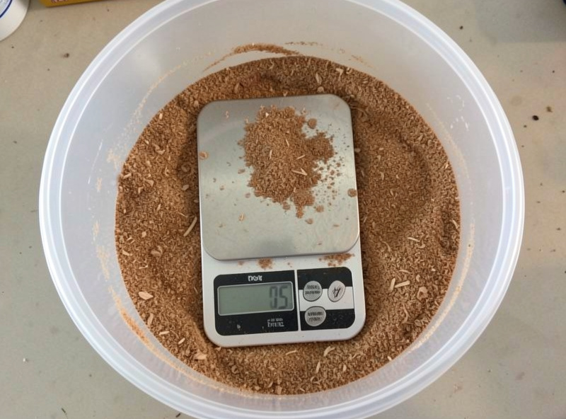 Digital kitchen scale weighing hardwood sawdust substrate in a mixing tub
