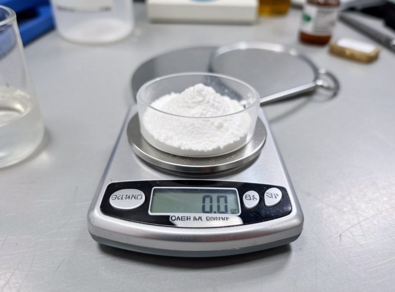 Small precision jeweller scale reading a tenth of a gram of agar powder