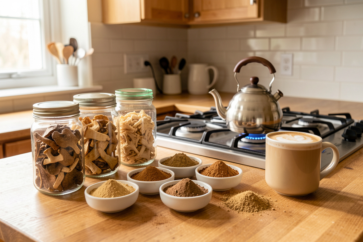 Home kitchen counter with jars of dried functional mushrooms, bowls of powder, a teapot and a frothy latte in morning light