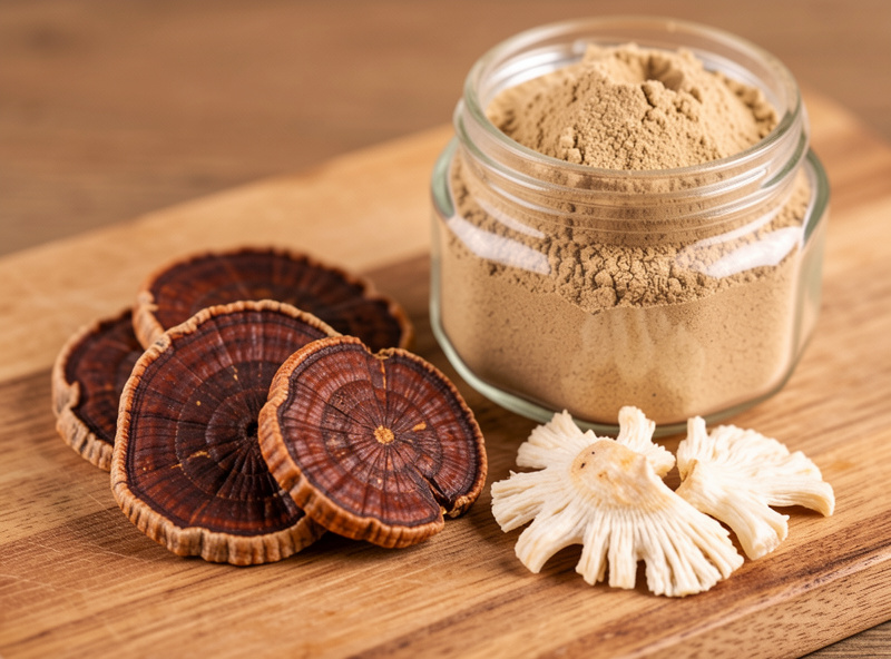 Close-up of sliced dried reishi conks and shaggy lion's mane pieces beside a jar of fine tan mushroom powder on a wooden board