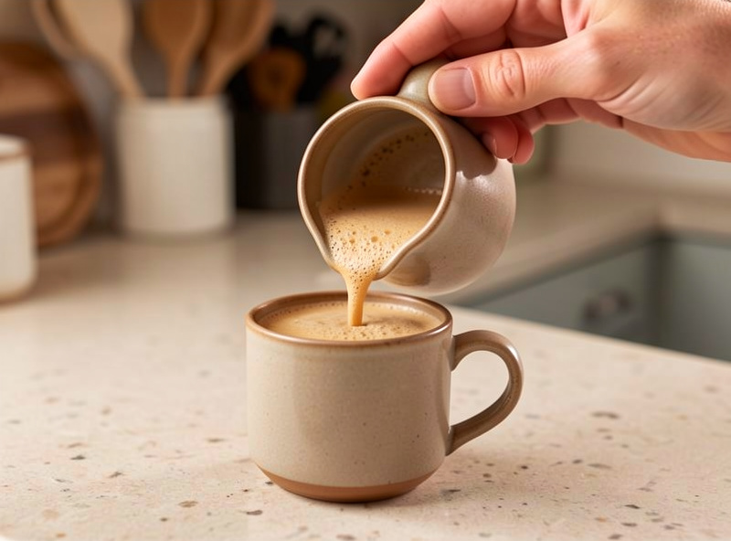 Hands pouring a frothy tan mushroom latte from a small pitcher into a ceramic mug on a kitchen counter