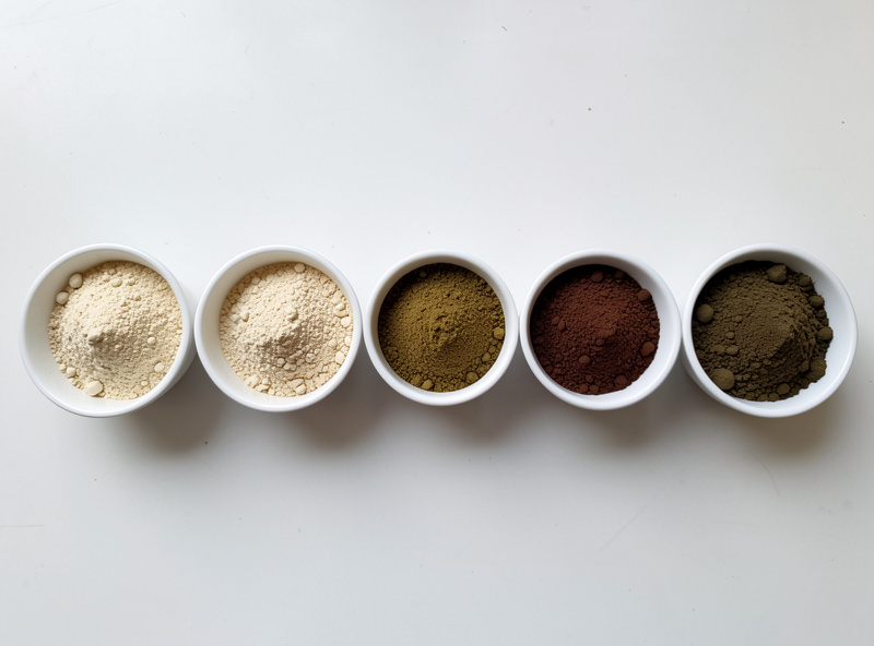 Overhead comparison shot of five small white bowls in a row each holding a different mushroom powder from pale cream to dark brown
