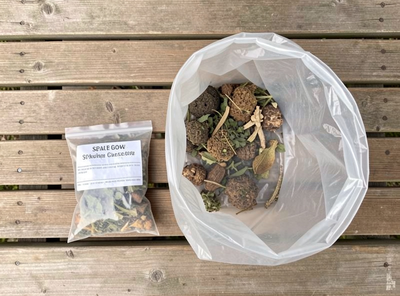 A small spawn grow bag beside a large filled fruiting-block grow bag on a bench, showing the size difference
