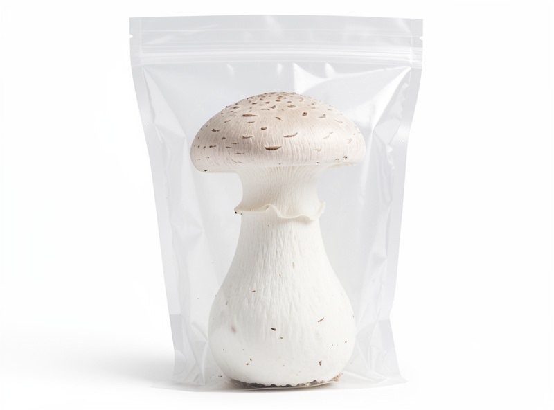A fully colonized white mushroom fruiting block inside a grow bag standing upright, ready to fruit