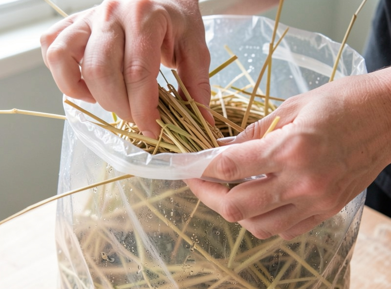 Hands packing pasteurized straw into a clear plastic grow bag with moisture beading on the plastic