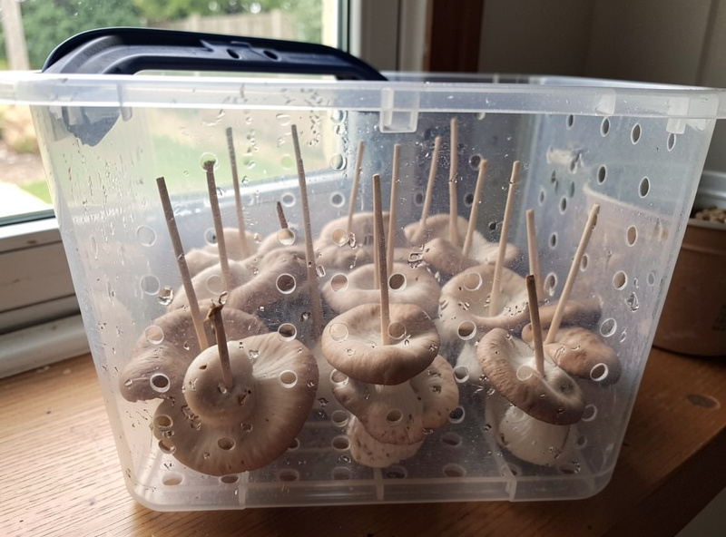 Low-cost mushroom fruiting setup made from a clear storage tote with holes and oyster pins forming inside