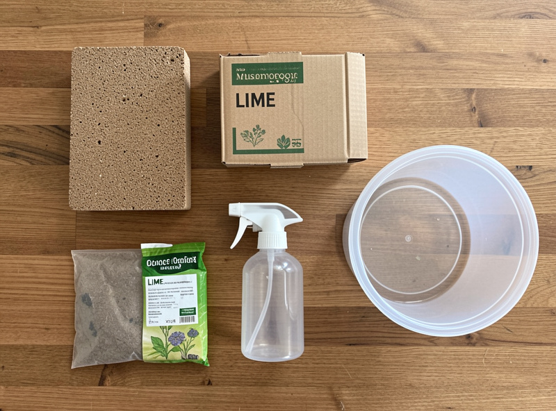 Overhead comparison of budget mushroom-growing supplies - coir brick, lime, cardboard, spray bottle, plastic tub - on a wooden table