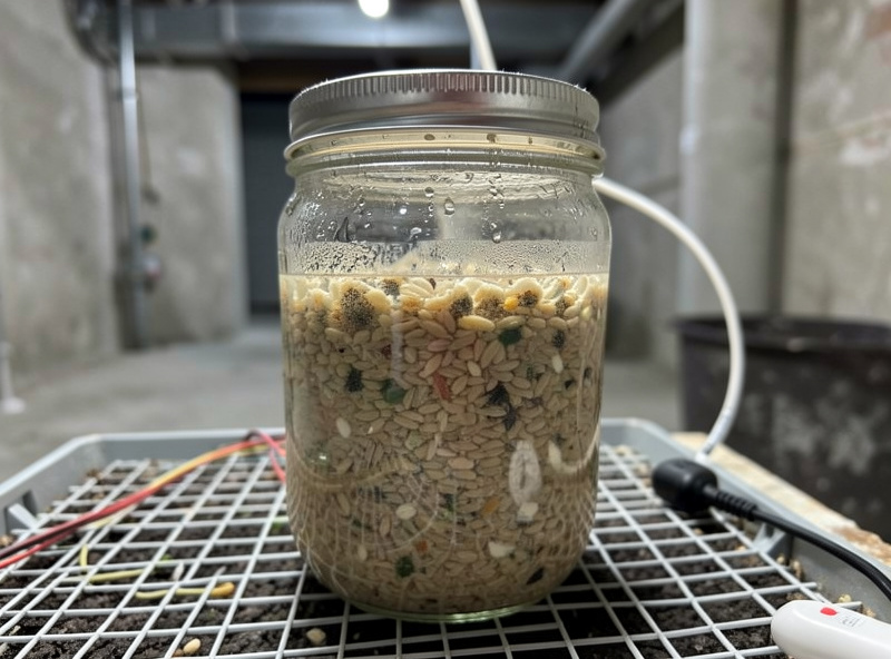 Colonized grain spawn jar on a seedling heat mat with a thermostat probe in a cold basement