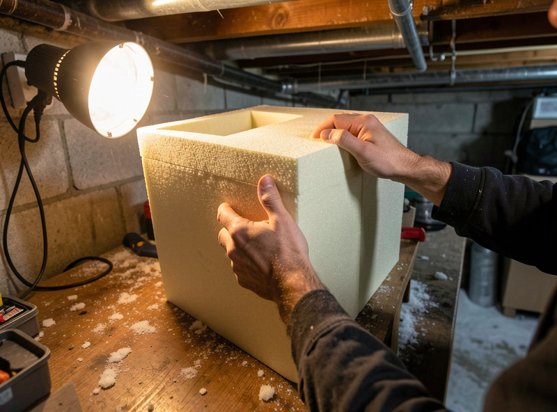 Hands wrapping a small grow tent in foil-faced foam insulation board in a chilly basement
