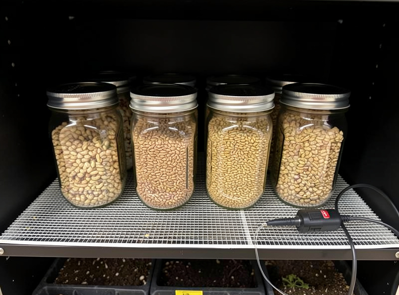 Spawn jars sitting on a heat mat with a thermostat probe on a dark incubation shelf