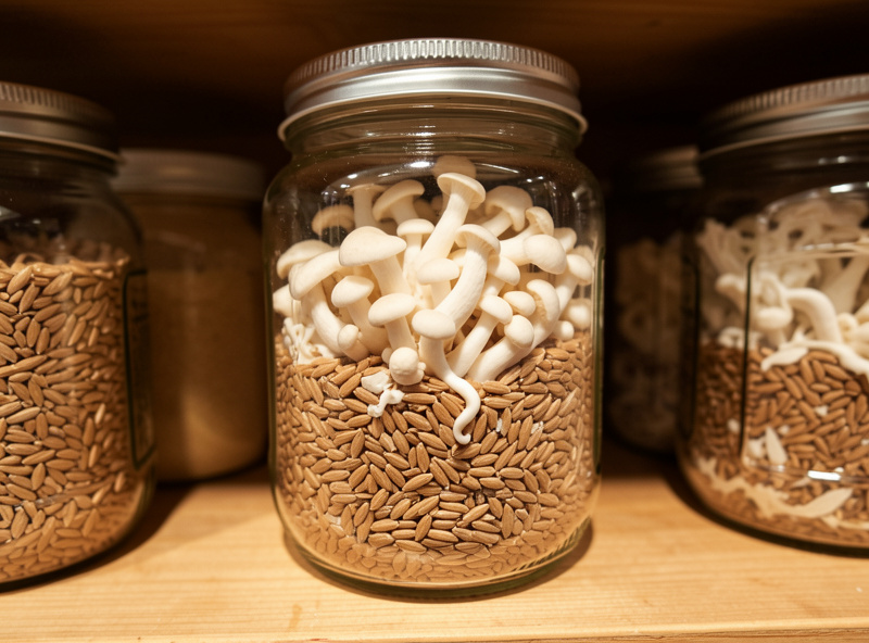 Colonizing white mushroom mycelium filling a grain spawn jar on a warm incubation shelf