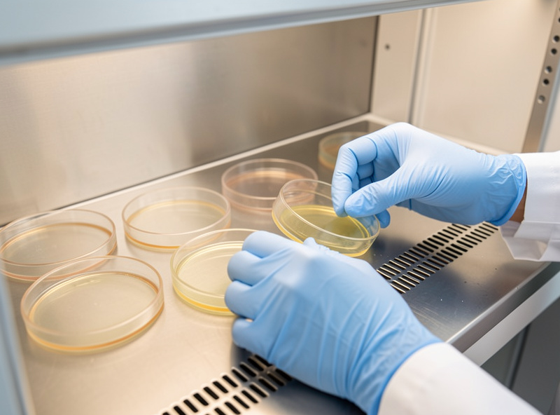 Laminar flow hood blowing filtered air across a work surface with agar plates