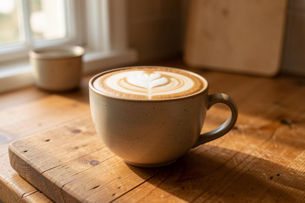 Frothy lion's mane latte in a ceramic mug with soft foam art on a wooden kitchen counter