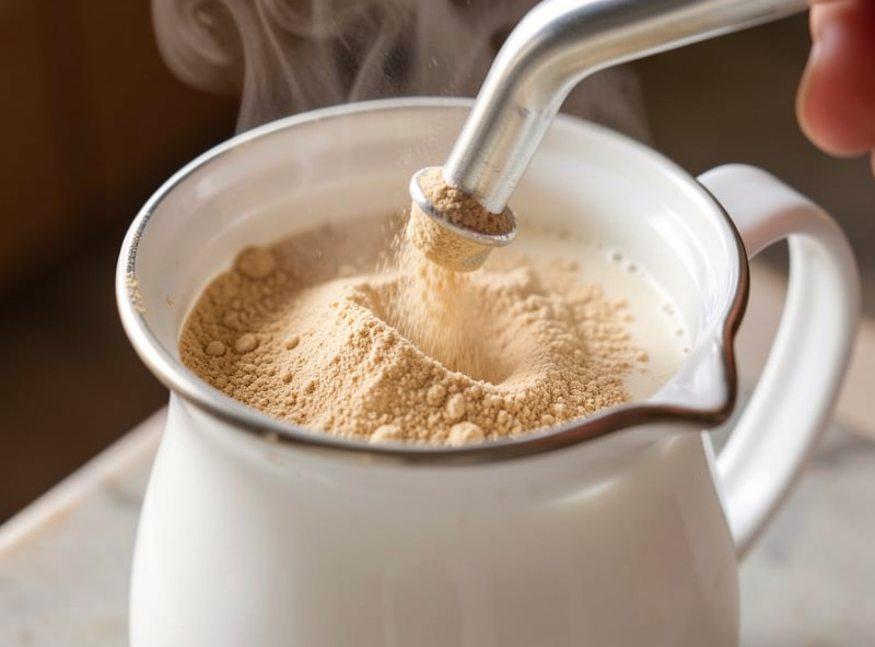 Close-up of a milk frother whipping fine tan lion's mane powder into steamed milk in a small jug