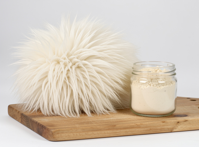 Fresh shaggy white lion's mane mushroom on a board beside a small glass jar of pale mushroom powder