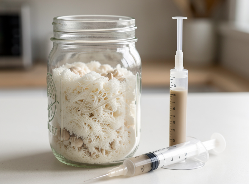 A jar of grain spawn fully colonised with white mushroom mycelium beside a liquid culture syringe, ready to inoculate bulk substrate